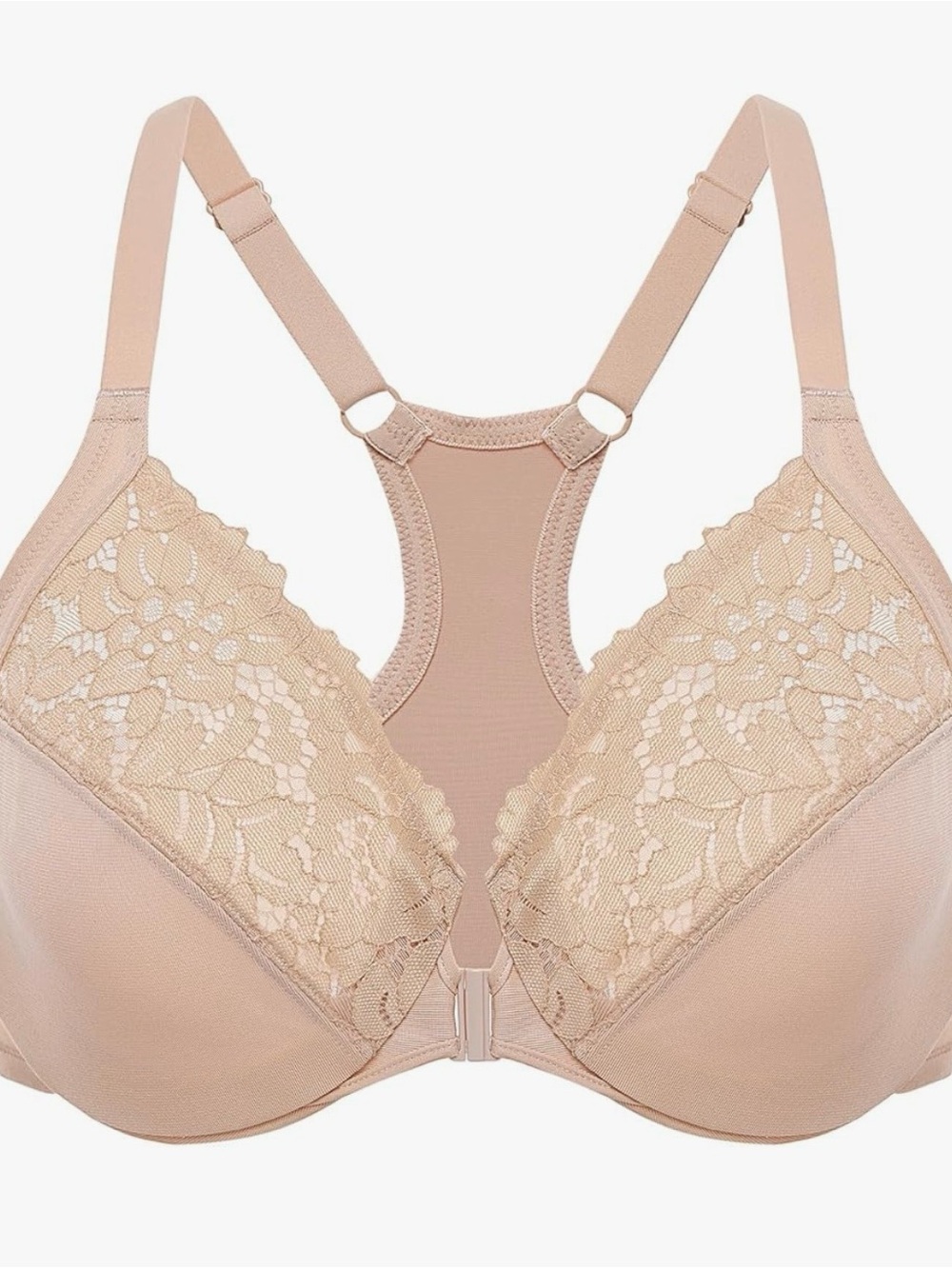 Front-Closure Lace-Detail Racerback Comfort Bra in Nude